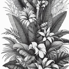 Monochrome botanical illustration of tropical leaves and flowers in a detailed style