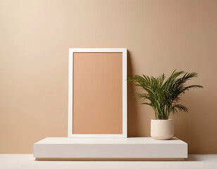 Framed wall with copy space. Abstract minimal geometric forms scene. Podium with plants on beige white background. Template blank mockup. Product presentation