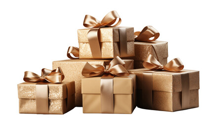 Golden presents with elegant ribbons are stacked high, creating anticipation for celebrations and special gifting moments transparent.