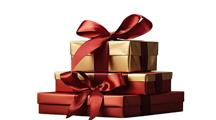 Holiday presents are stacked with vibrant red ribbons and classic gold wrapping against a white background transparent.