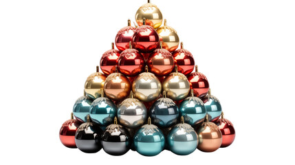 Holiday display features a festive arrangement of shiny Christmas ornaments in diverse colors on a white backdrop transparent.