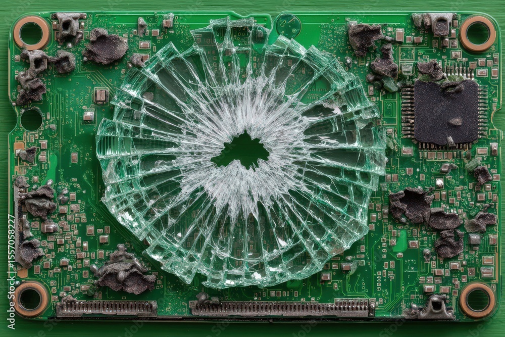 Poster an intricately damaged circuit board highlighted by shattered glass revealing underlying chips and i