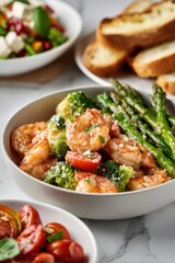 Grilled Shrimp with Broccoli, Tomatoes, and Asparagus in a Fresh Mediterranean Lunch Spread
