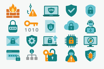 Cybersecurity & Privacy Icons – 20 Flat Vector Symbols for Digital Safety, Protection & VPN Concepts