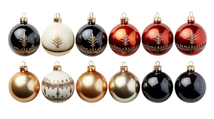 Festive Christmas ornaments display elegant designs in shades of red, black, gold and white, creating a holiday atmosphere transparent.
