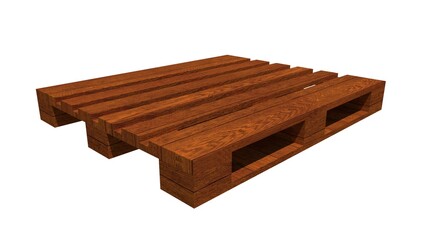 Rendered image of a single brown wooden pallet, from an isometric view against a white backdrop. Related to logistics, warehousing, shipping, supply chain management, inventory, packaging industries