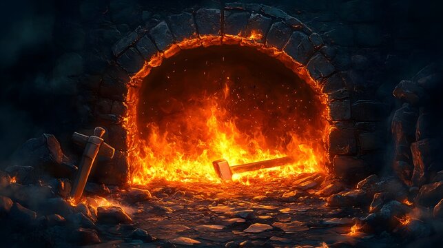 Forging tools with fire burning brightly in a medieval forge featuring a hammer and glowing coals surrounded by stone walls