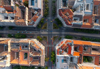 Aerial top down view of Oktogon Square in Budapest, Hugnary