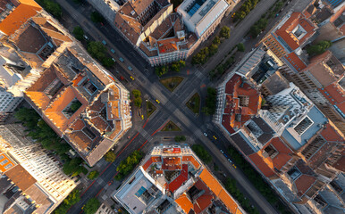 Aerial top down view of Oktogon Square in Budapest, Hugnary