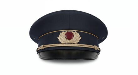 Uniform train conductor hat isolated on white background, front view, high clarity on trim