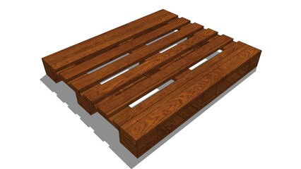 Rendered image of a single brown wooden pallet, from an isometric view against a white backdrop. Related to logistics, warehousing, shipping, supply chain management, inventory, packaging industries