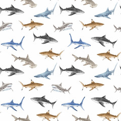 Seamless Watercolor Shark Pattern. Ocean Predator Illustration for Kids and Fabric