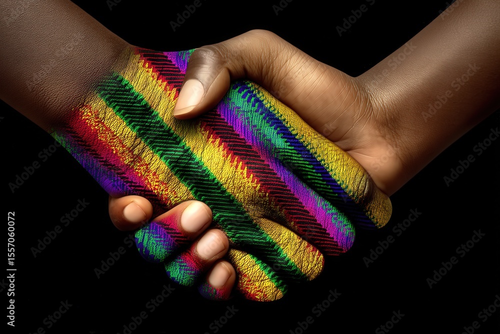 Poster two hands engaging in a powerful handshake with vibrant cultural patterns symbolizing unity diversit