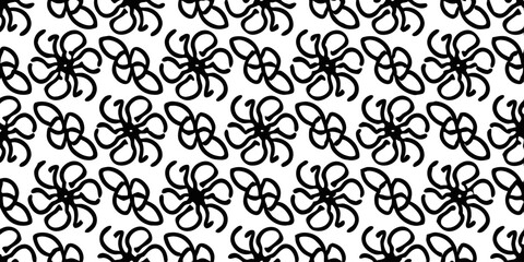 Abstract Floral Pattern: A seamless pattern of stylized black and white floral motifs, creating a modern and elegant design. Ideal for various applications such as textile, fashion, and web design.