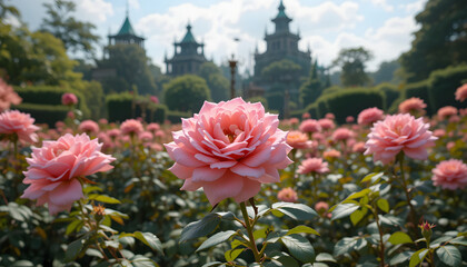 a garden with roses and a palace in the distance 4k pc wallpaper
