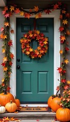 Obraz premium Charming Autumn Wreath Adorns Rustic Front Door with Pumpkins and Fall Foliage, Creating a Warm and Welcoming Seasonal Display Perfect for Thanksgiving, Halloween, or Autumn Home Decor