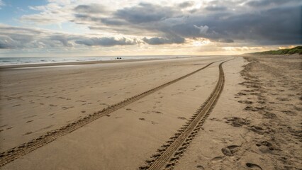 Tire tracks on a sandy beach under cloudy sky at sunset, concept of nature of environmental problem  