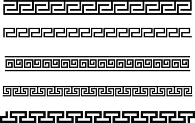 Greek style geometric seamless frames icon set isolated on transparent background. Decoration elements patterns. Vector collection frame design in grecian ancient style and meandros greek ornaments.