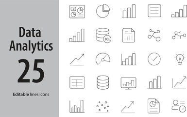 Data Analytics Line Icons, Graph, Dashboard, Report, Metrics, AI Brain, Pie Chart, Trend Arrow, and More , Editable Formats: AI, EPS, JPG, PNG , Ideal for Both Digital and Print Use