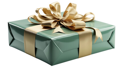 Elegant gift wrapped in green paper adorned with a golden ribbon and a sophisticated bow isolated transparent.