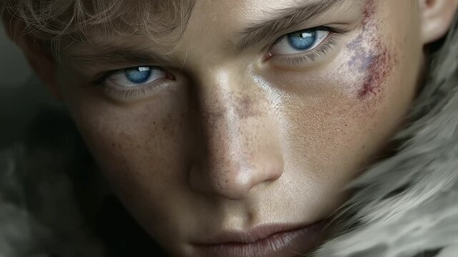 Viking Warrior with Blue Eyes and Bloodied Face After Battle