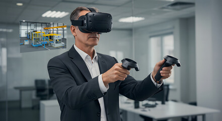 VR Experience in the Office: A focused businessman in a sophisticated office setting explores a virtual reality environment with a VR headset and controllers. Immersed in the digital realm.