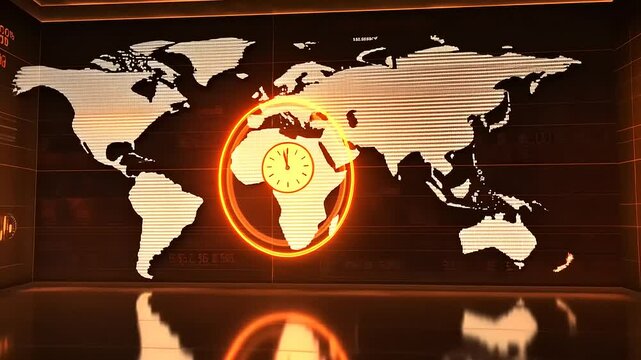 Futuristic digital world map with glowing elements, showcasing time zones and financial data trends