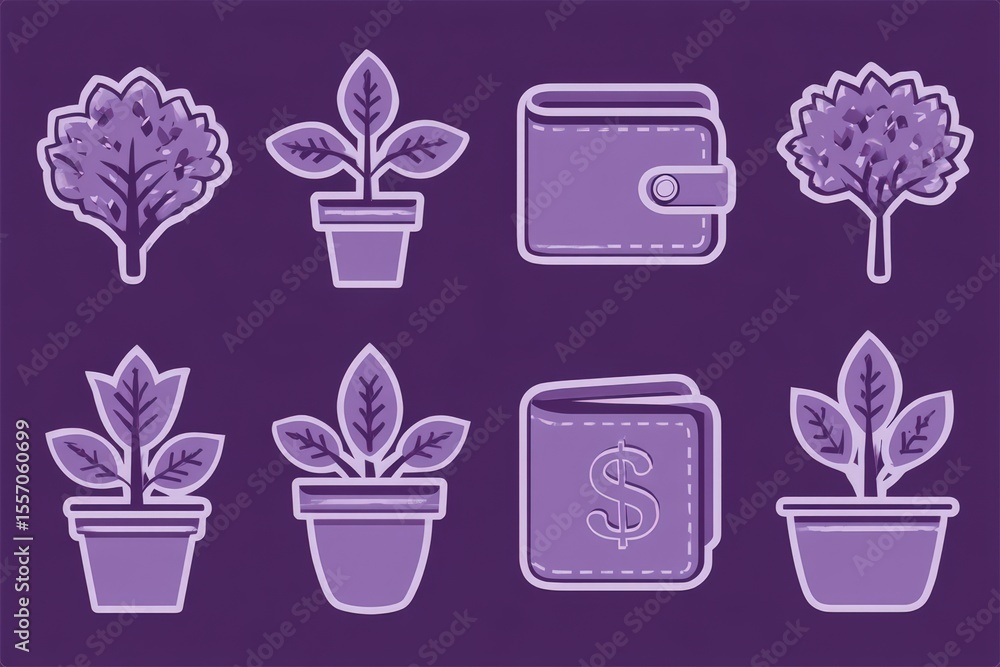 Aufkleber trendy botanical illustrations featuring potted plants and wallets symbolizing the connection betwee