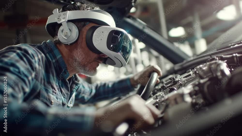 Poster a man wearing a vr headset inspects a mechanical engine, blending virtual reality technology with ha