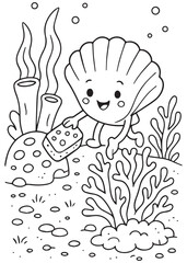 coloring book page shell exploring coral reef underwater