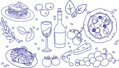 Hand drawn Italian food doodle set with pizza, wine, pasta, cheese, tomato, grapes, and herbs. Cute crayon sketch style. Perfect for menu design, posters, food packaging, and restaurant branding.