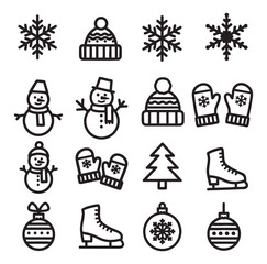 A comprehensive set of sixteen minimalist black and white line art icons representing various winter and Christmas holiday themes