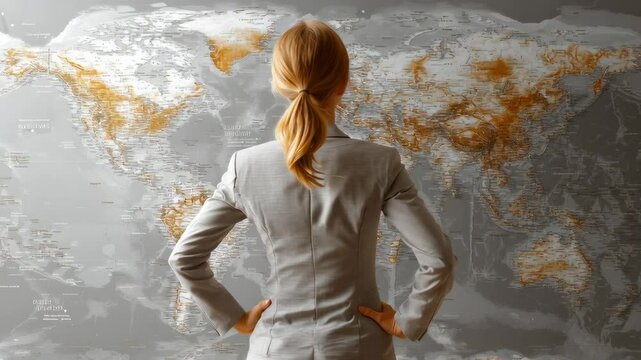 A woman in a gray suit stands confidently with hands on hips, facing a detailed world map on a wall.
