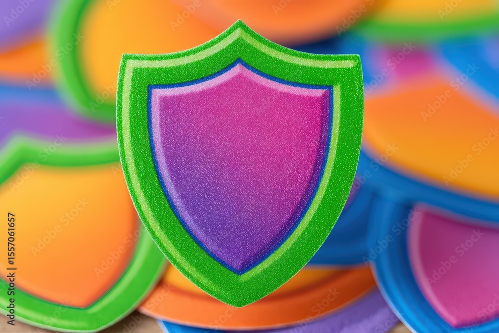Poster colorful abstract shield shapes representing digital security concepts layered in vibrant hues for i
