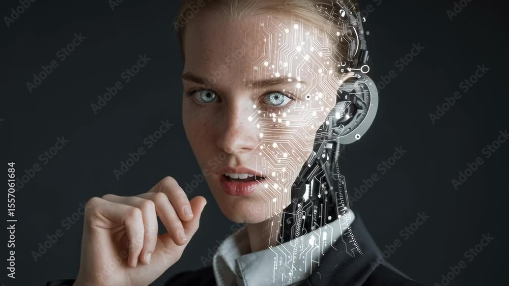 Poster a futuristic woman with a half-robotic face and digital circuits interacts with an invisible interfa