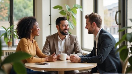 Group of three friends laughing and talking at a cafe table