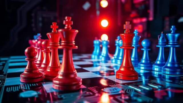 Chess game with red and blue team pieces on circuit board. Cyber ​​security breach simulation concept. Digital attack threat protection strategy. 4k video