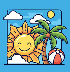  Cheerful Summer Beach Scene with Sun and Palm Tree
