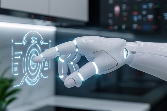 Robotic hand using advanced touchscreen in a modern kitchen