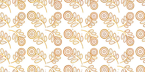 Abstract Floral Pattern: A symmetrical arrangement of stylized golden flowers and leaves forms a visually captivating and harmonious seamless pattern.