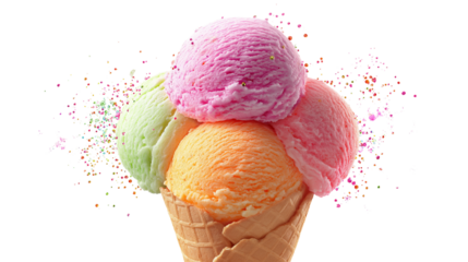 Ice cream cone with 3 pastel scoops and summer sparkles, fun detail, white background, PNG 
