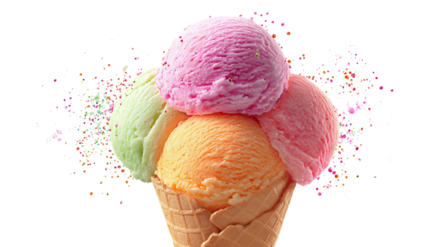 Ice cream cone with 3 pastel scoops and summer sparkles, fun detail, white background, PNG 