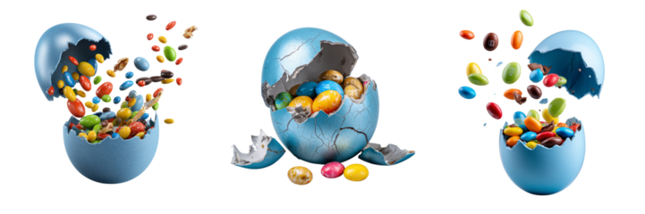 Set of colorful Easter eggs spilling out of an open blue egg, isolated on a transparent background.