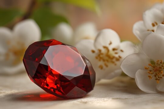 A vibrant, faceted ruby rests amongst delicate white blossoms.
