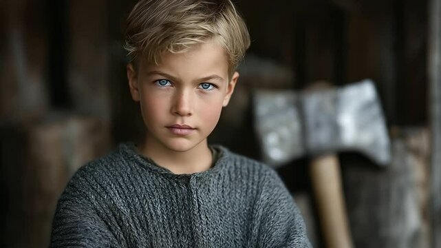 Young Viking Boy in Training in Rustic Setting