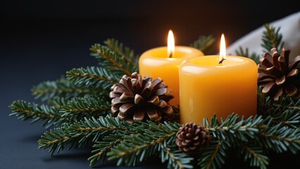 Luminous golden candle nestled among festive pine branches