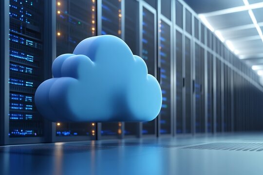 Cloud computing technology concept with blue cloud icon in modern data center server room, futuristic digital storage and network security design