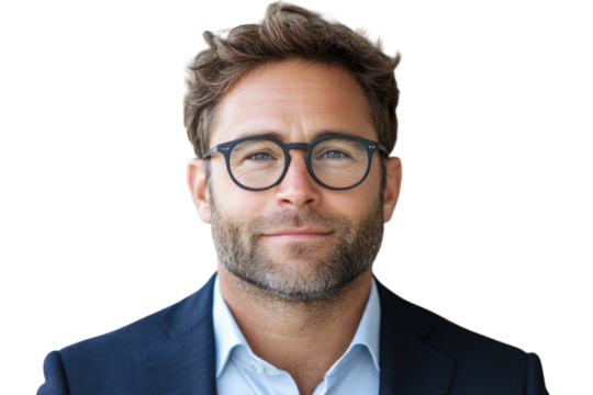 A confident businessman wearing modern round glasses smiles gently radiating success and on transparent background