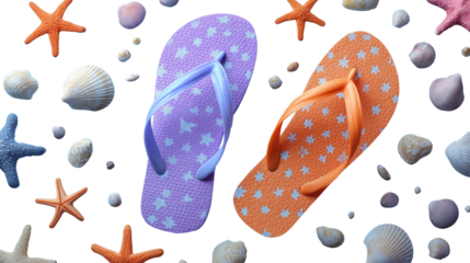 Flip-flops in bright colors with starfish and mini seashells, top view, beach theme, PNG 