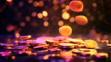 Glimmering coins cascading in a vibrant background of shimmering lights, evoking a sense of wealth
